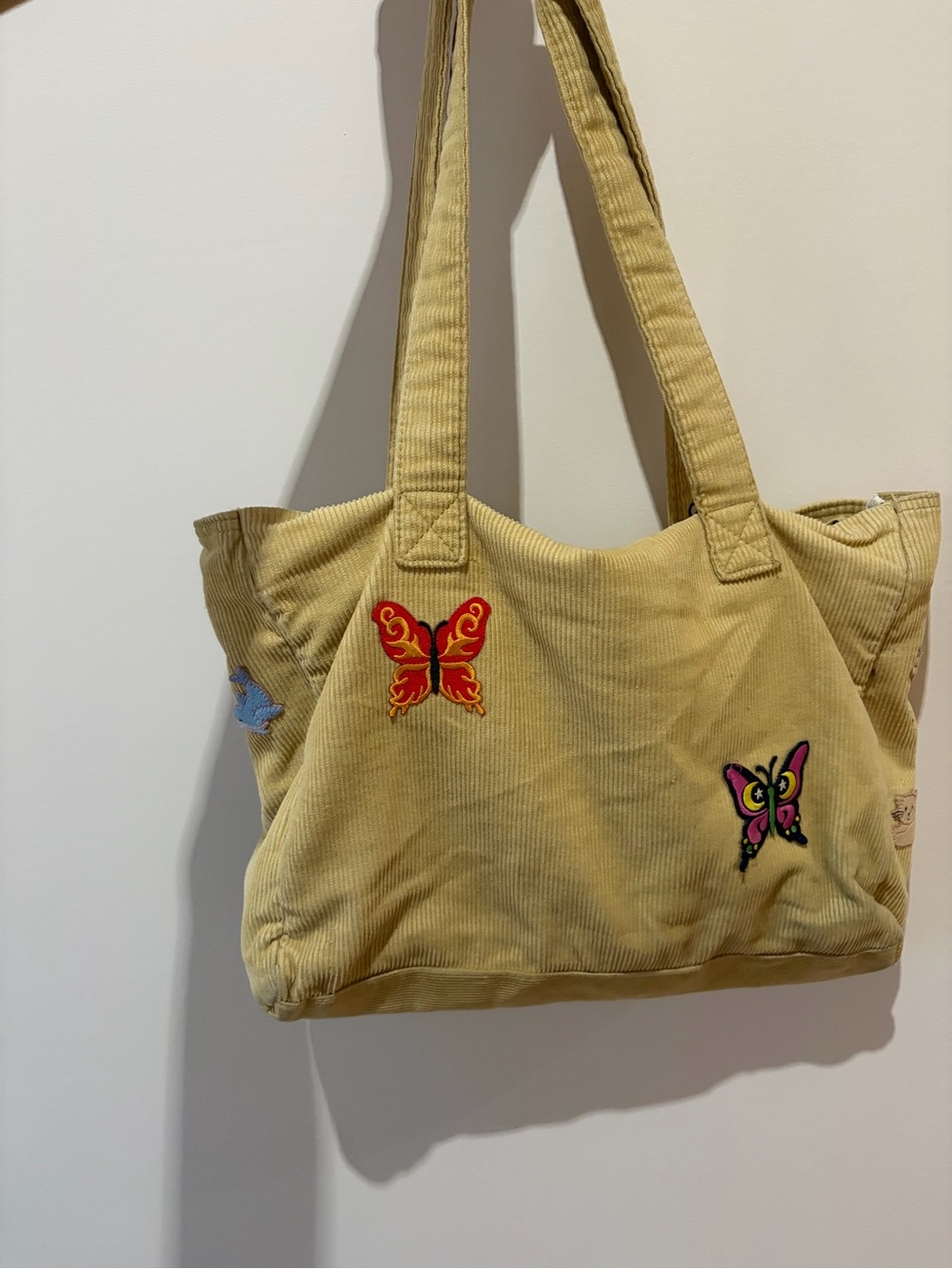 Y2K Corduroy Butterfly Dragonfly Animals Floral Patch Tote Bag in Tan Beige - Picture 2 of 4